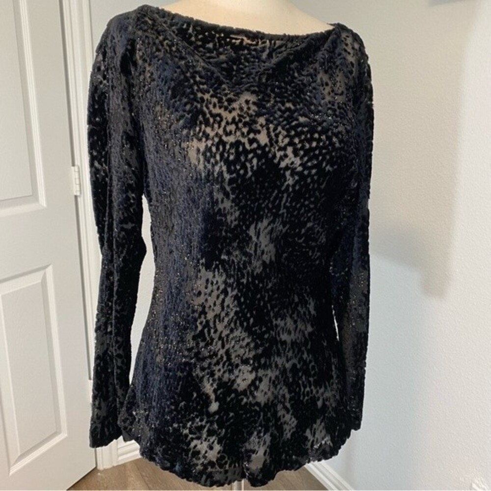 ELLEN TRACY Sheer Sexy Velour Abstract Design Silk Blend Black Gold Top SZ 8P